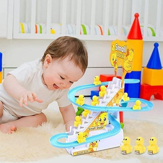 Duck Slide Toy Set, Funny Automatic Stair-Climbing Ducklings Cartoon Race Track Set Little Lovely Duck Slide Toy Escalator Toy with Lights and Music